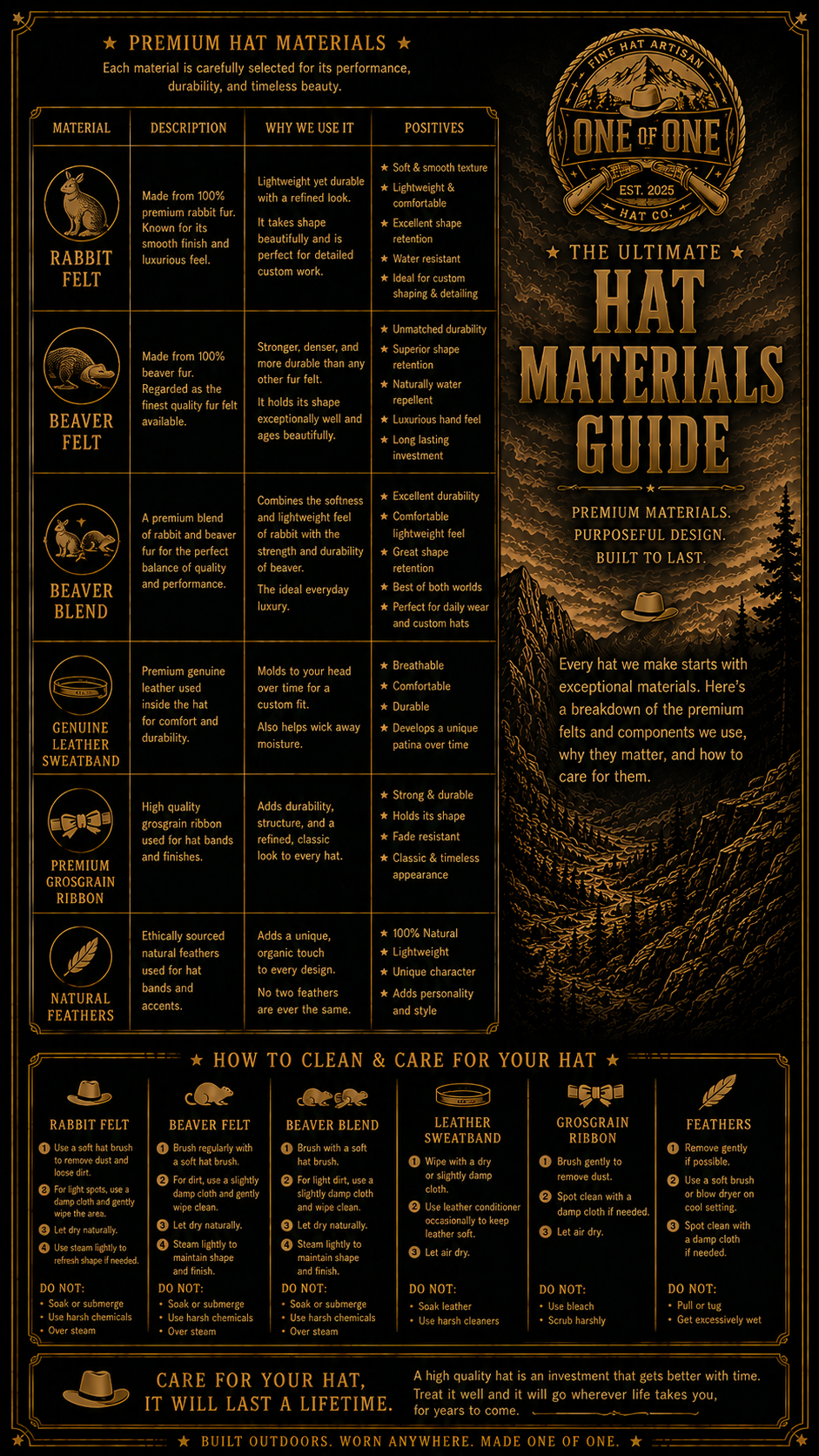 One of One Hat Co. — hat material list with felt types, grades, and specifications